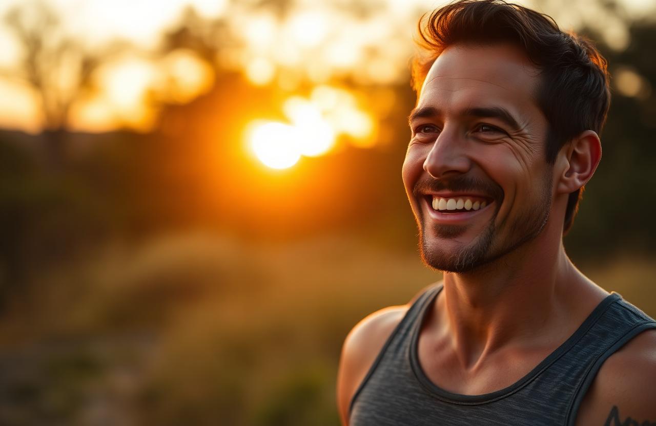 Confident, energetic man in his forties outdoors at sunset